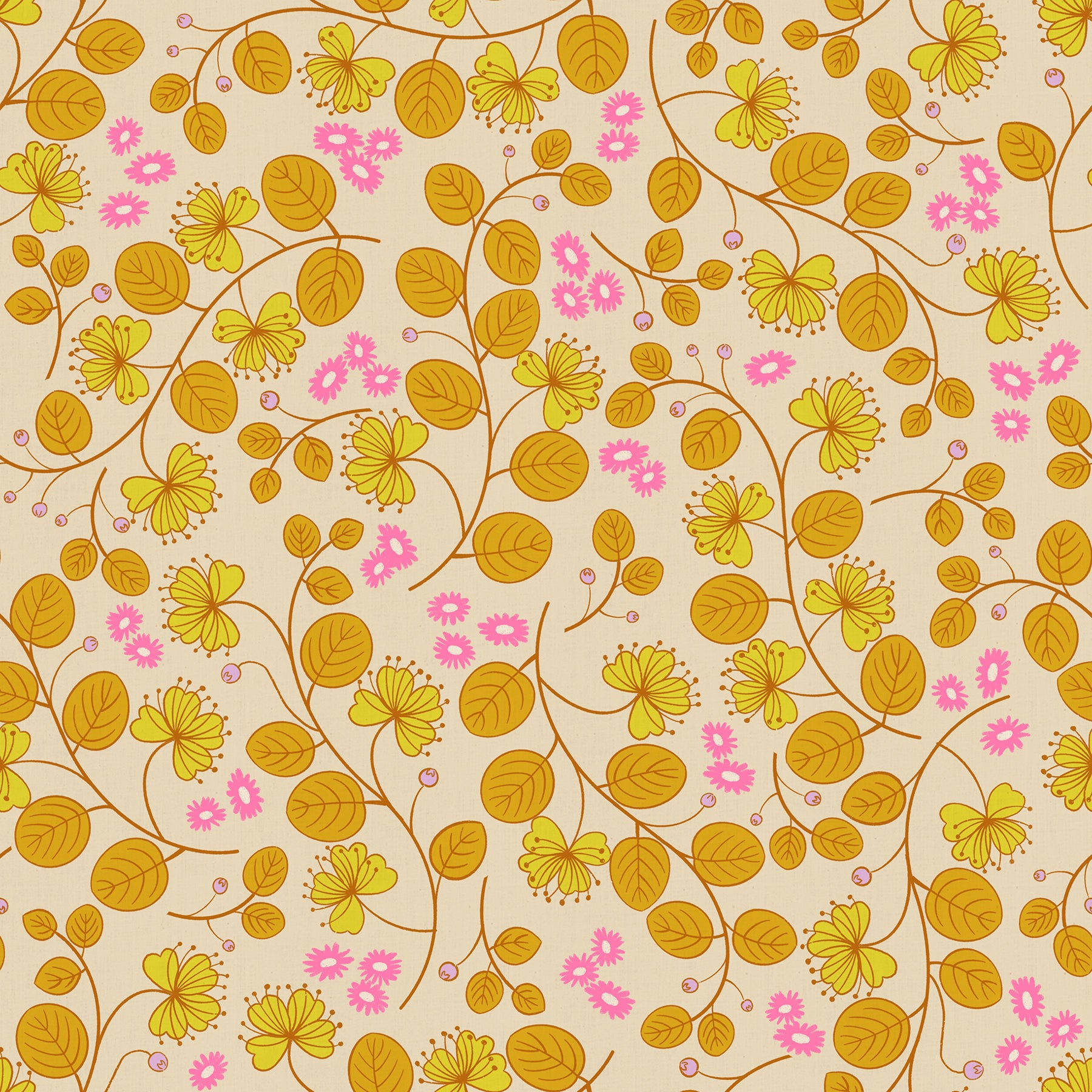 Floral pattern with yellow and pink flowers on a beige background