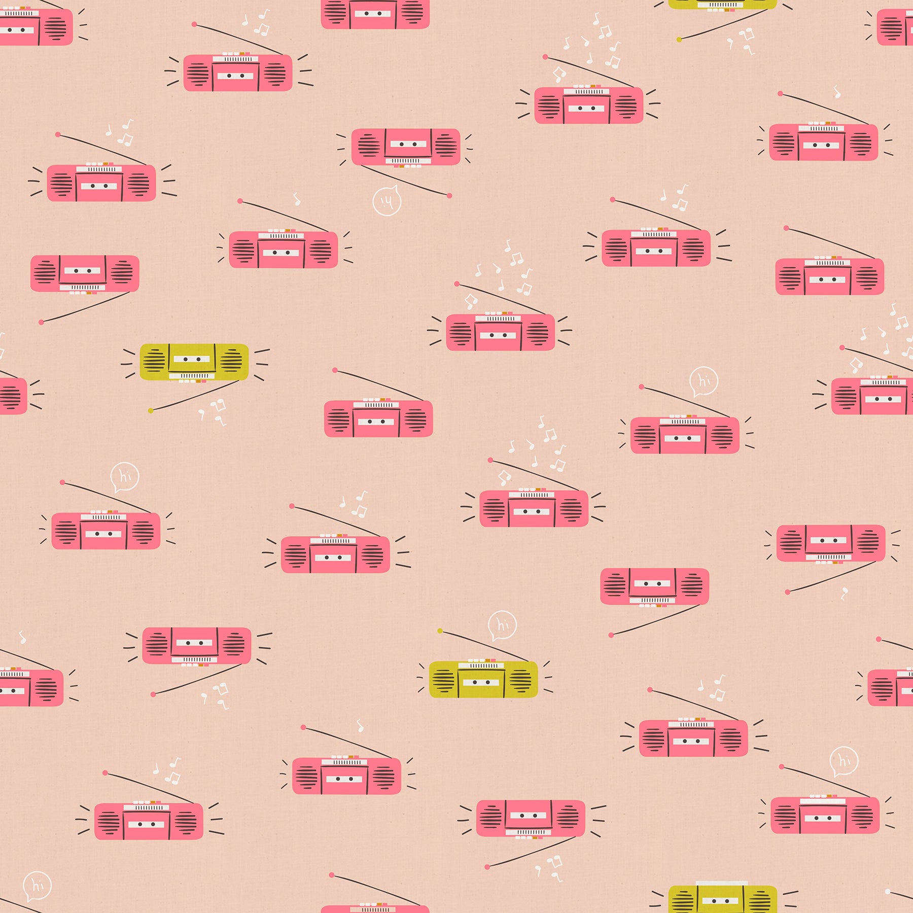 Pattern of retro radios and cassette tapes on a beige background