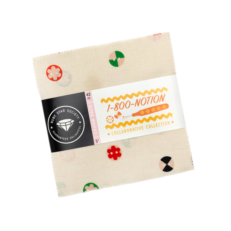A folded fabric bundle from the '1-800-Notion' Collaborative Collection by True Star Society, featuring a cream-colored base with retro-style red, green, and black geometric patterns and a black-and-white paper label.