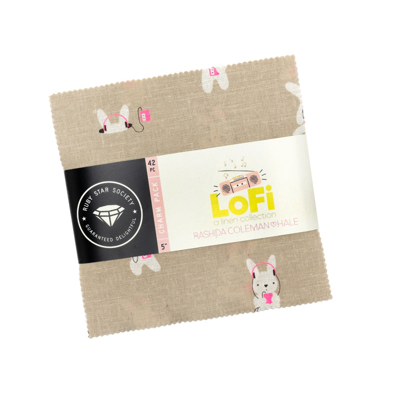 Fabric swatch with cartoon designs and 'Lofi' branding on a white background