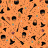 Halloween-themed pattern with witch hats, brooms, and cauldrons on an orange background.