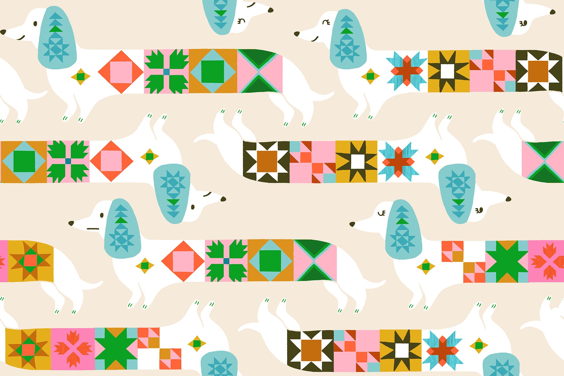 Pattern of dogs and colorful geometric shapes on a beige background