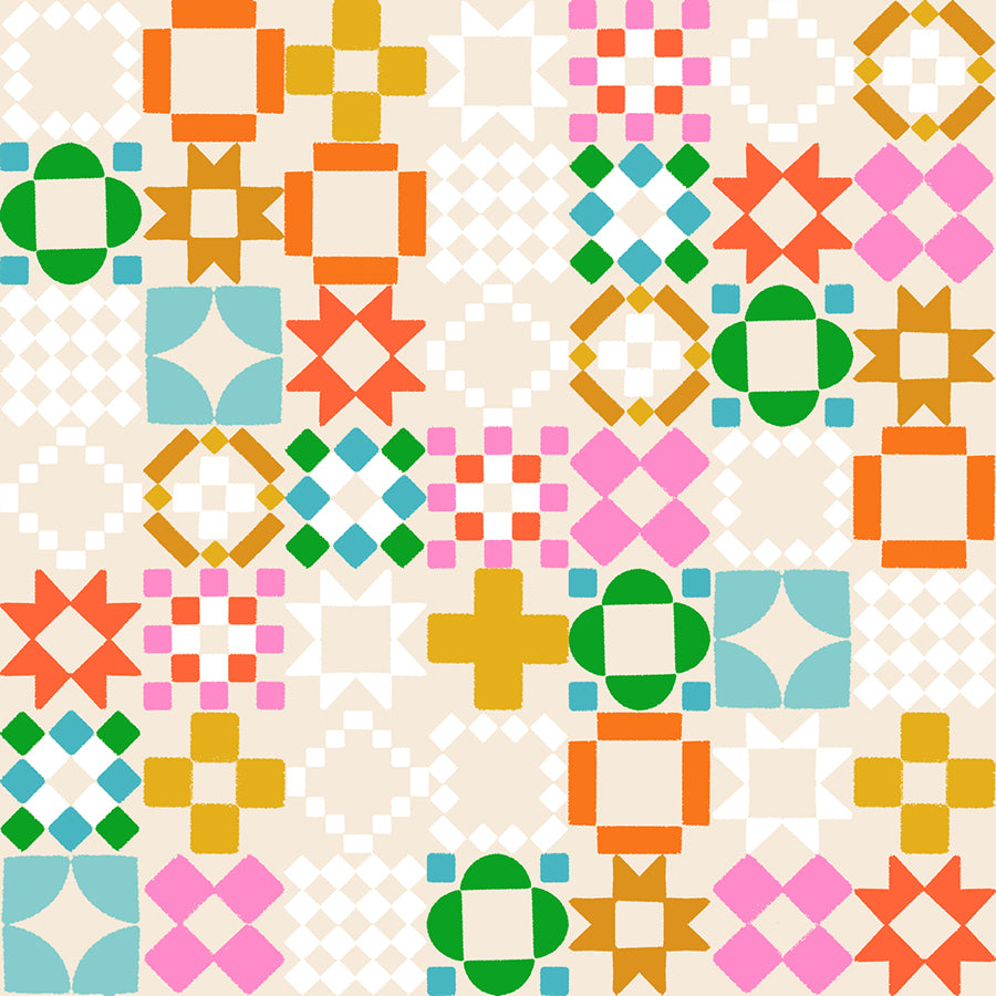 Pattern of colorful geometric shapes on a beige background