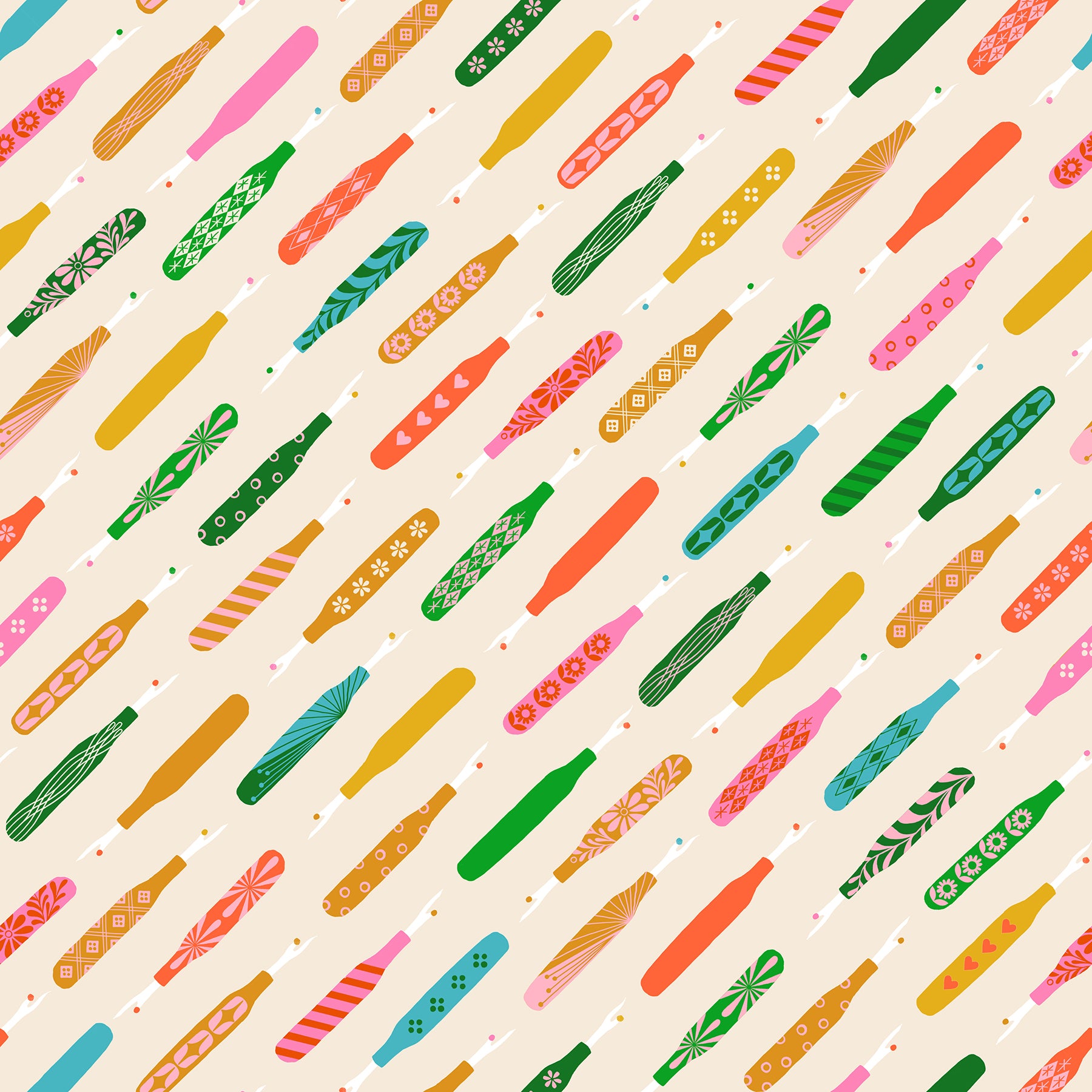 Pattern of colorful seam ripper on a beige background