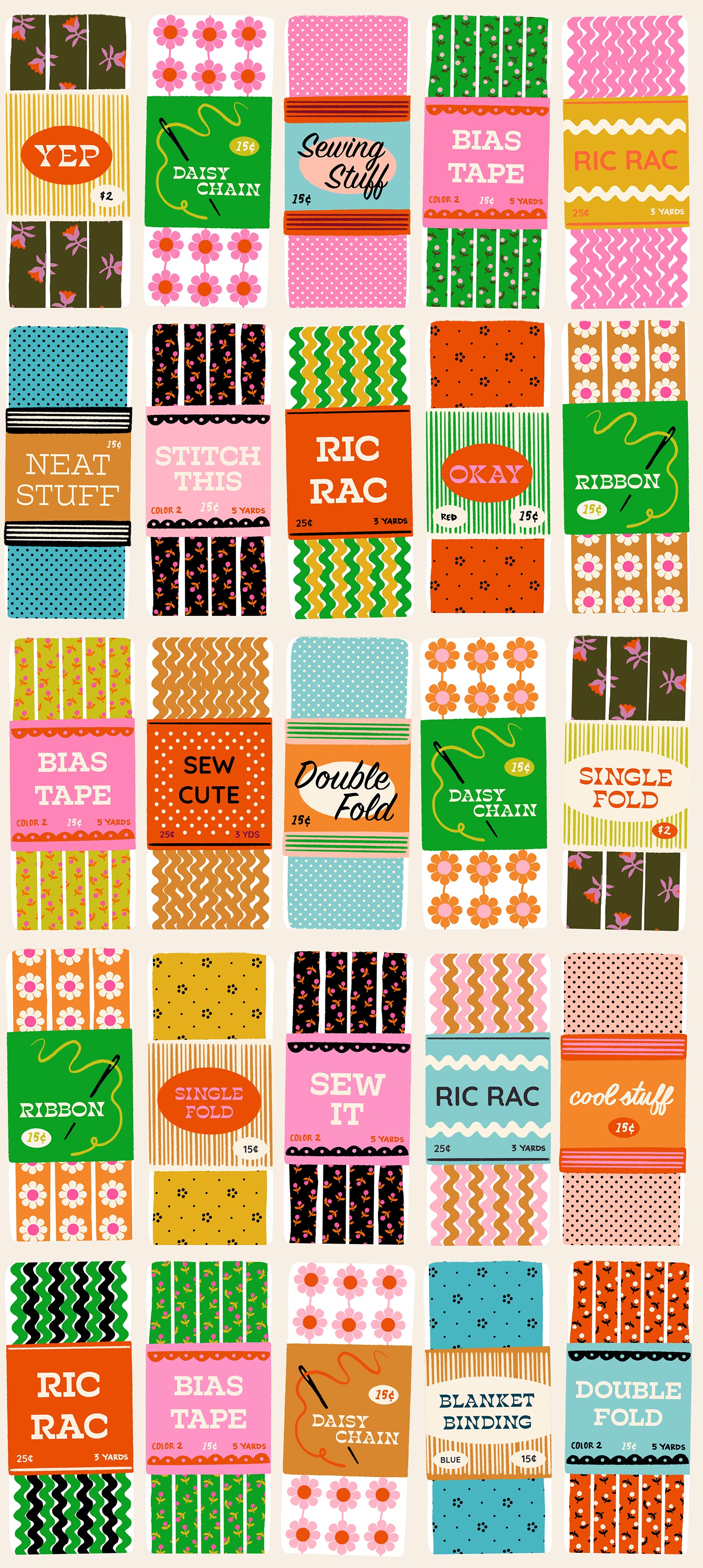 Collection of colorful fabric packaging with various patterns and text on a white background