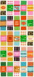 Collection of colorful fabric packaging with various patterns and text on a white background