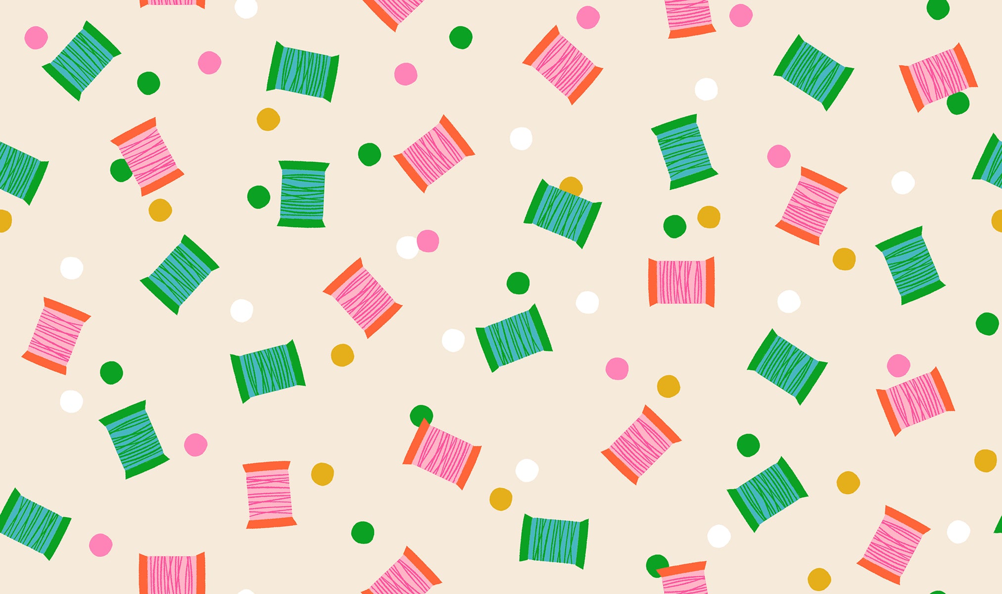 Colorful spool pattern on a beige background