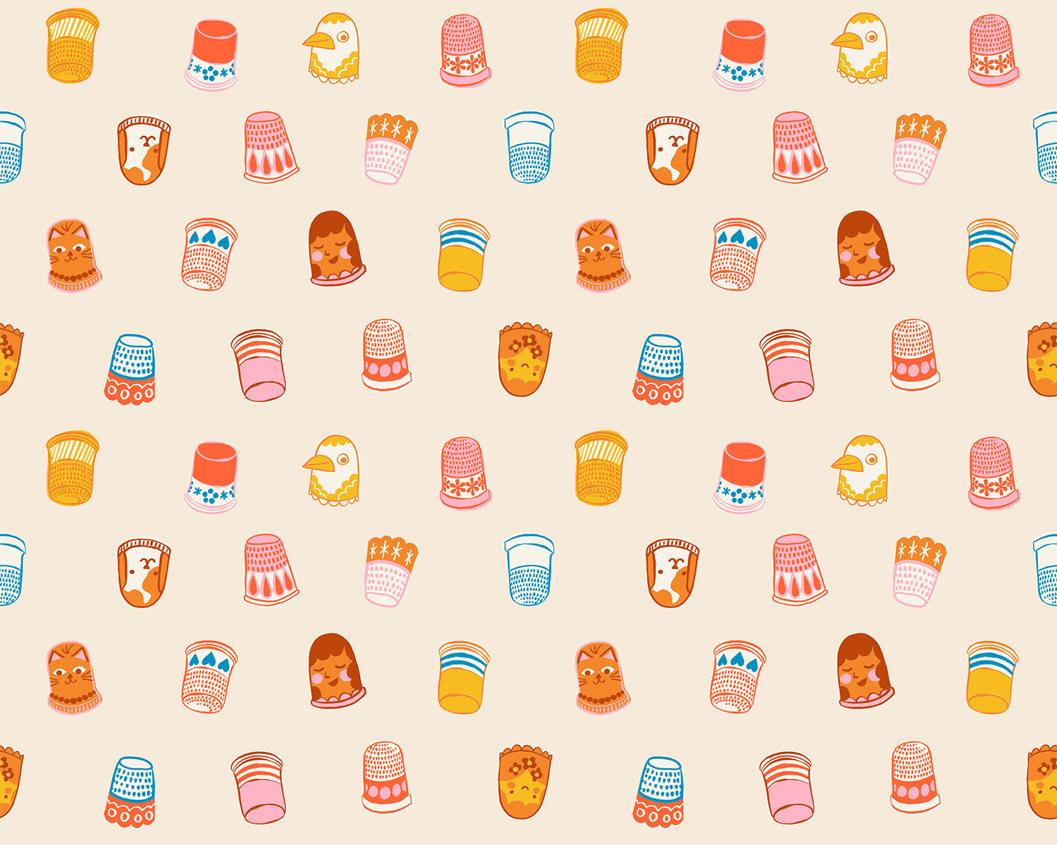 Pattern of colorful thimbles and sewing-related icons on a beige background
