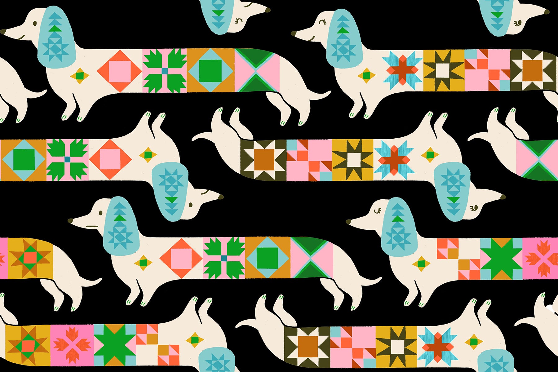 Pattern of dogs with colorful geometric designs on a black background