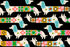 Pattern of dogs with colorful geometric designs on a black background