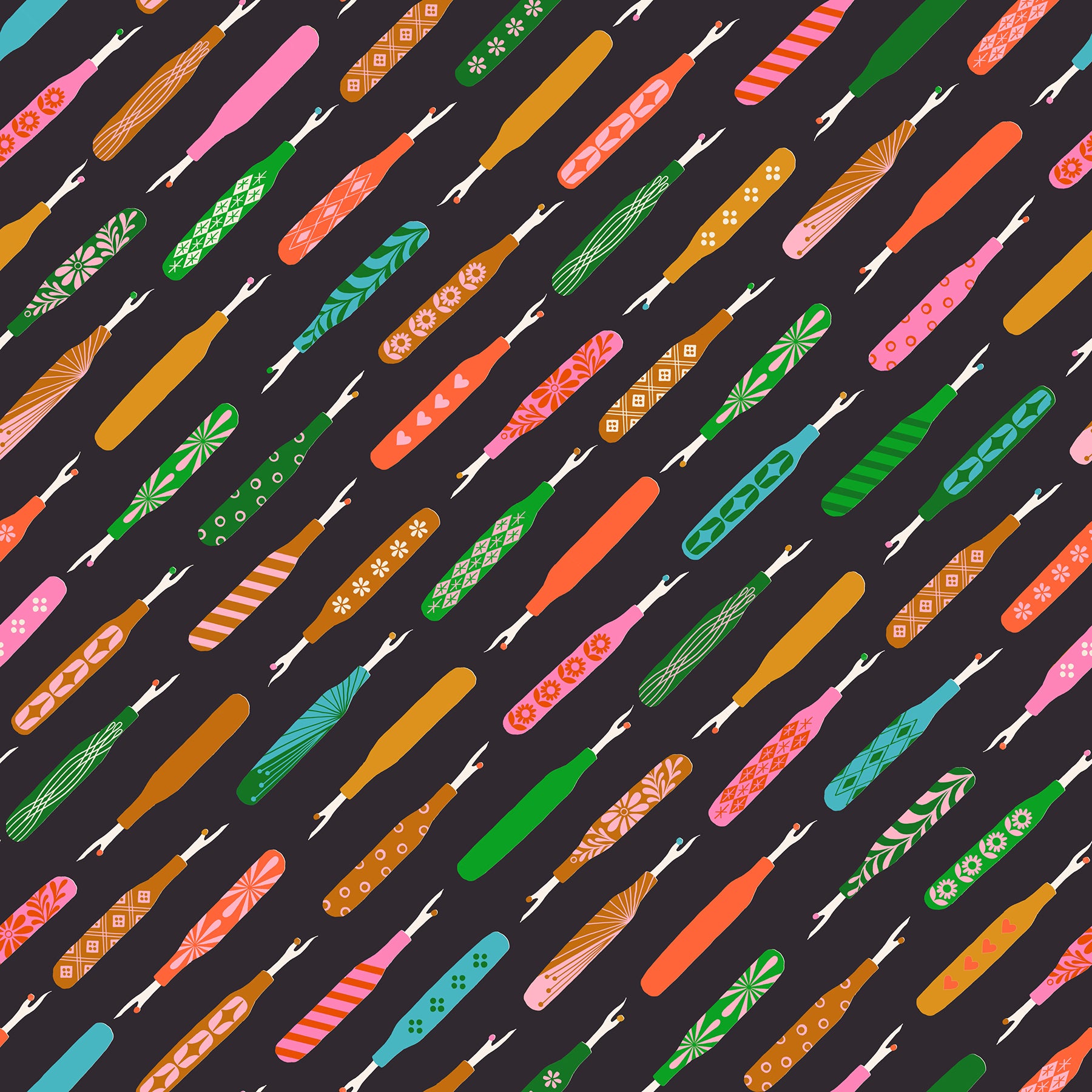 Colorful pattern of variously designed seam rippers on a black background