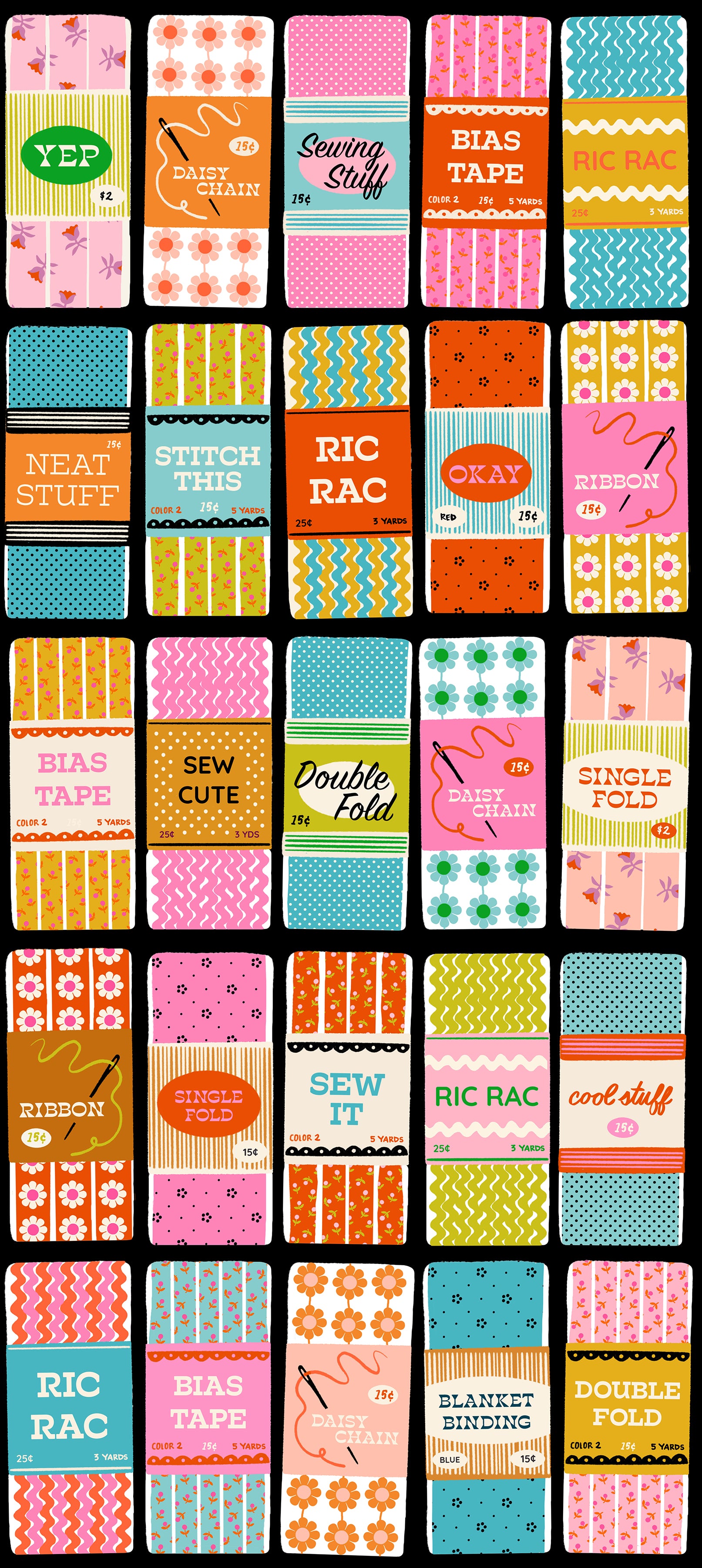 Collection of colorful fabric roll packages on a black background