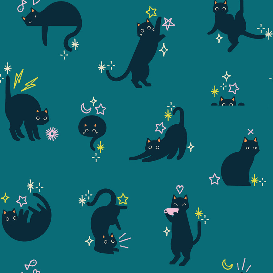 Pattern of black cats and stars on a blue background