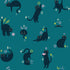 Pattern of black cats and stars on a blue background