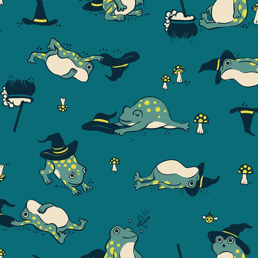 Pattern of cartoon frogs with witch hats and brooms on a blue background