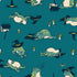 Pattern of cartoon frogs with witch hats and brooms on a blue background