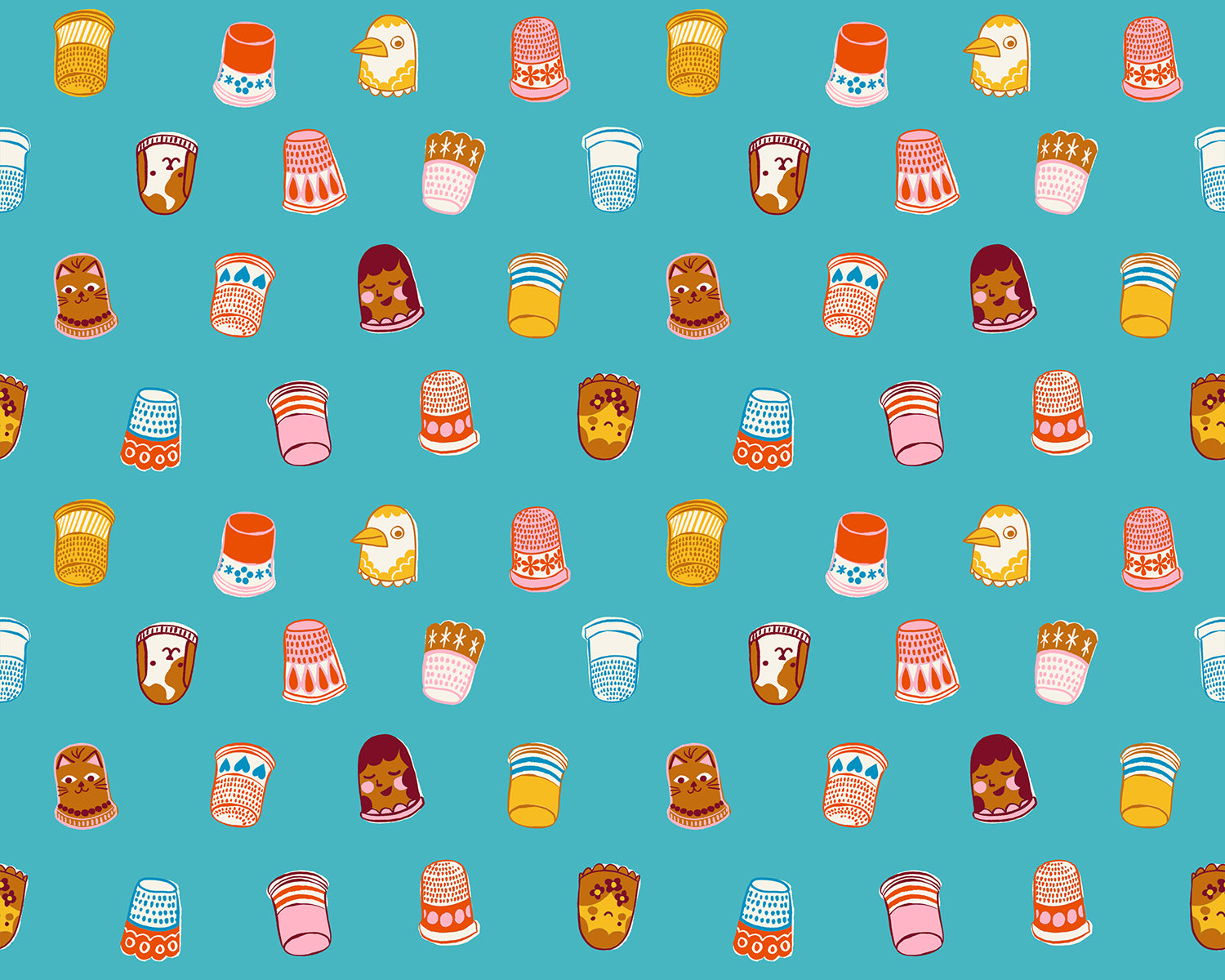 Pattern of colorful thimbles and small figures on a blue background