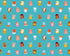 Pattern of colorful thimbles and small figures on a blue background