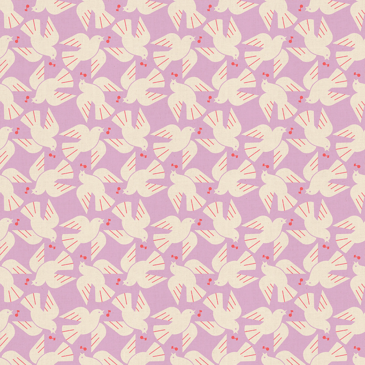 Pattern of white doves with music notes on a purple background