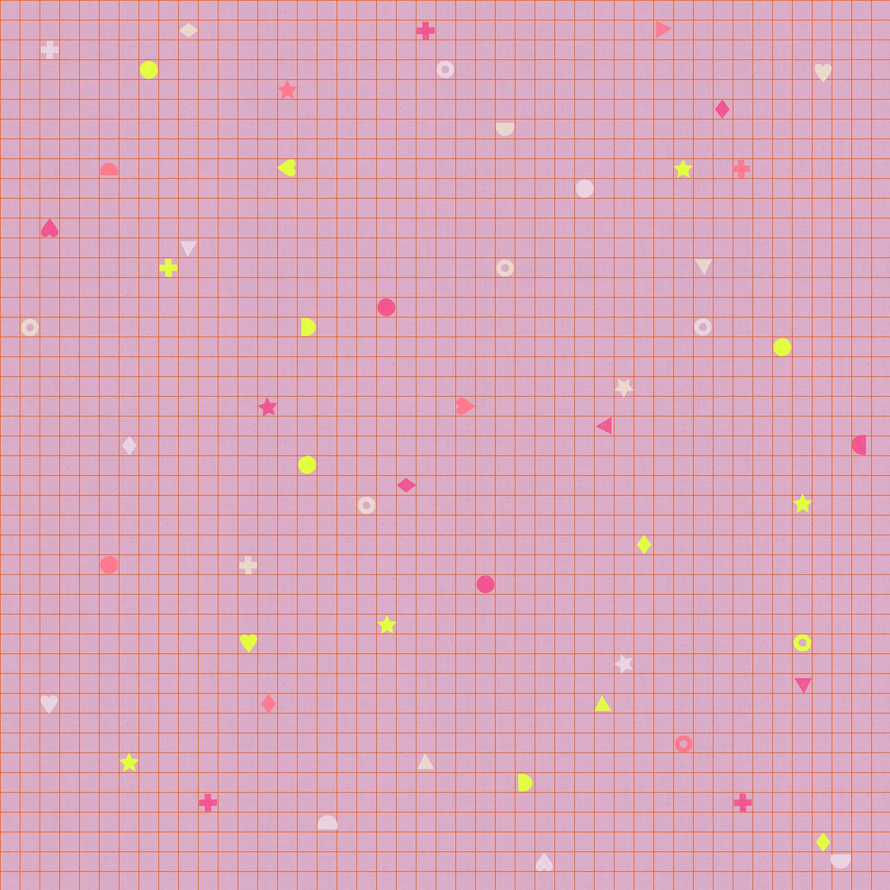 Grid pattern with colorful shapes on a pink background
