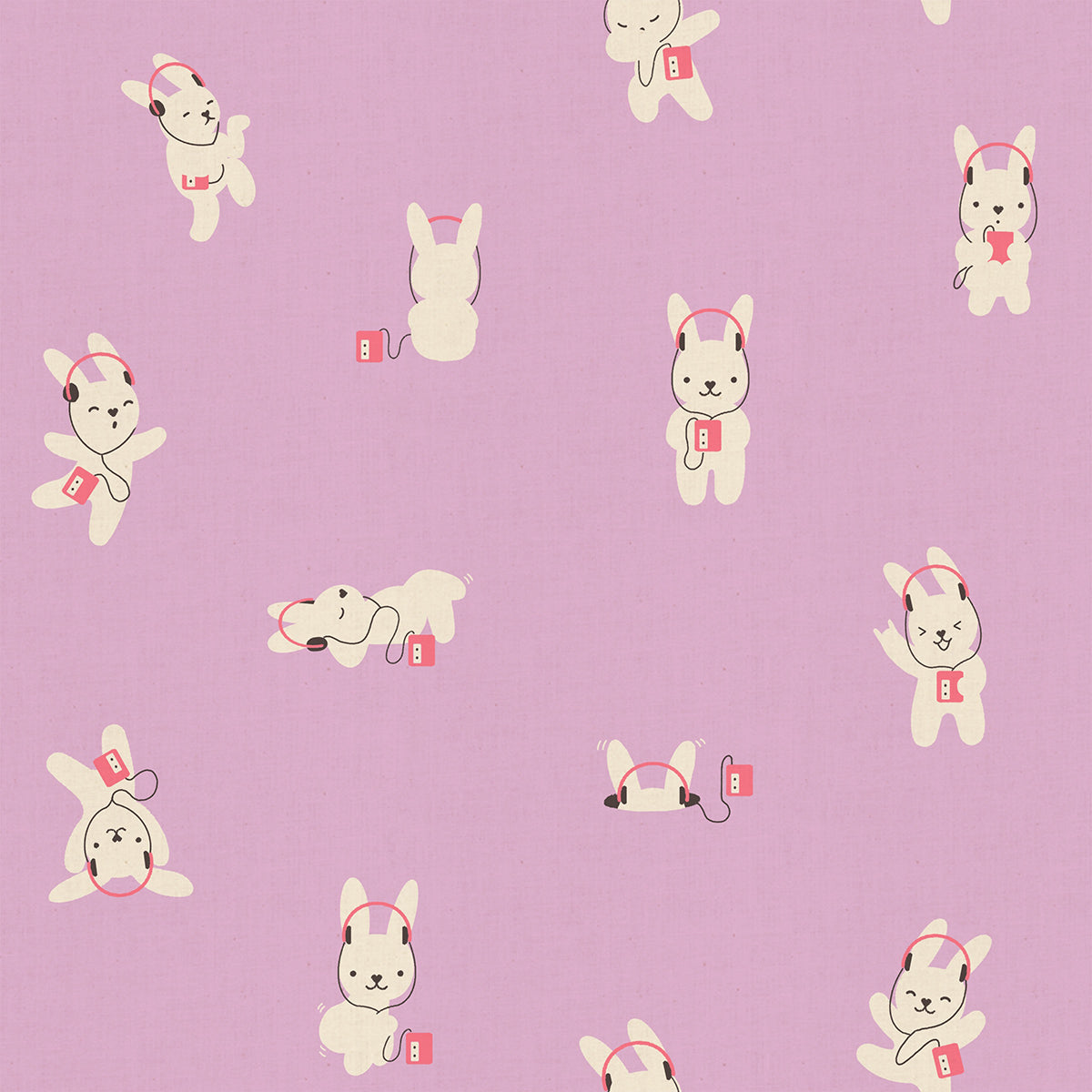 Pattern of cartoon dogs with headphones on a purple background