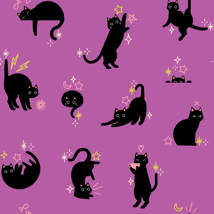 Pattern of black cats and decorative elements on a purple background