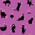 Pattern of black cats and decorative elements on a purple background