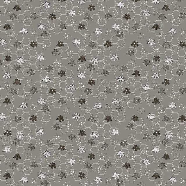 Fabric Stof Gray Flowers & Beehive The Sweetest Embrace by the Quarter Yard 4514-554