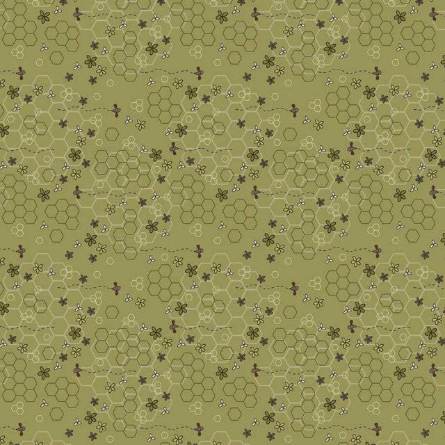 Fabric Stof Green Flowers & Beehive The Sweetest Embrace by the Quarter Yard 4514-542