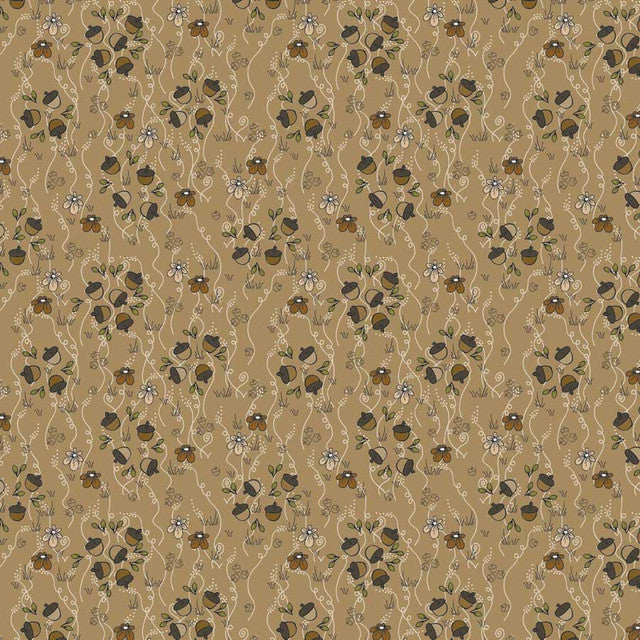 Fabric Stof Khaki Acorns & Flowers The Sweetest Embrace by the Quarter Yard 4514-538