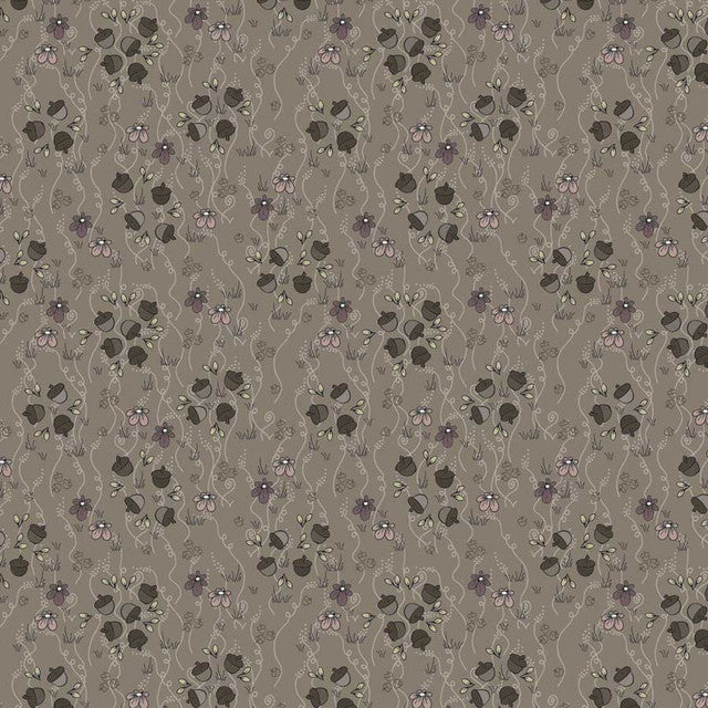 Fabric Stof Taupe Acorns & Flowers The Sweetest Embrace by the Quarter Yard 4514-552