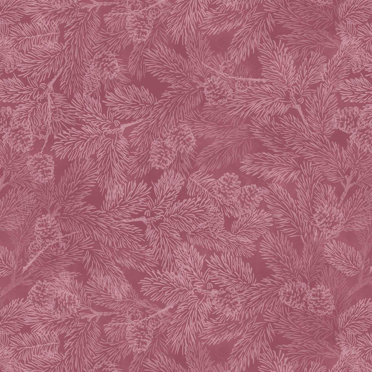 Pattern of pine branches and cones on a pink background
