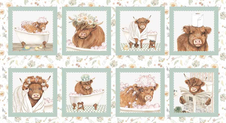 Fabric Studio E Bathing Bonnies Ginger/Mint Bonnie Blocks Panel 8853B-36