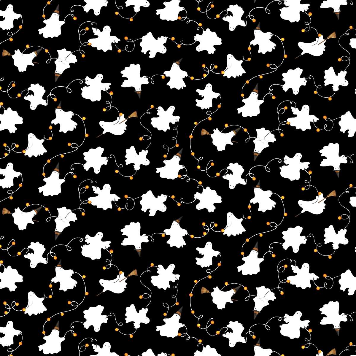 Fabric Studio E Black Ghosts and Lights Allover I Made a Boo-Boo by the Quarter Yard 8991-99