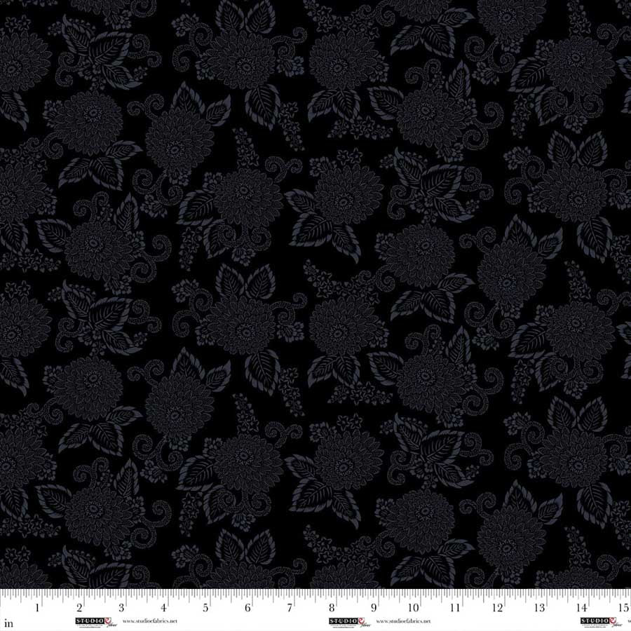 Fabric Studio E Black Mums and Leaves Dark Shadows by the Quarter Yard 8908-99