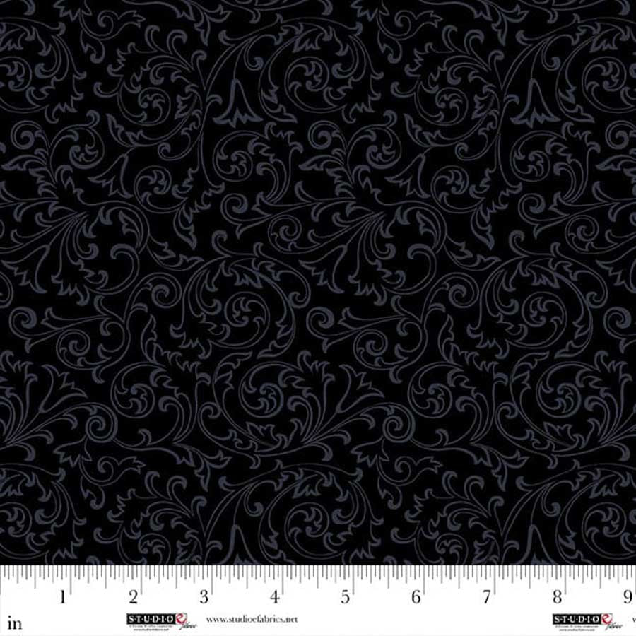 Fabric Studio E Black Trumpet Flower Swirl Dark Shadows by the Quarter Yard 8899-99