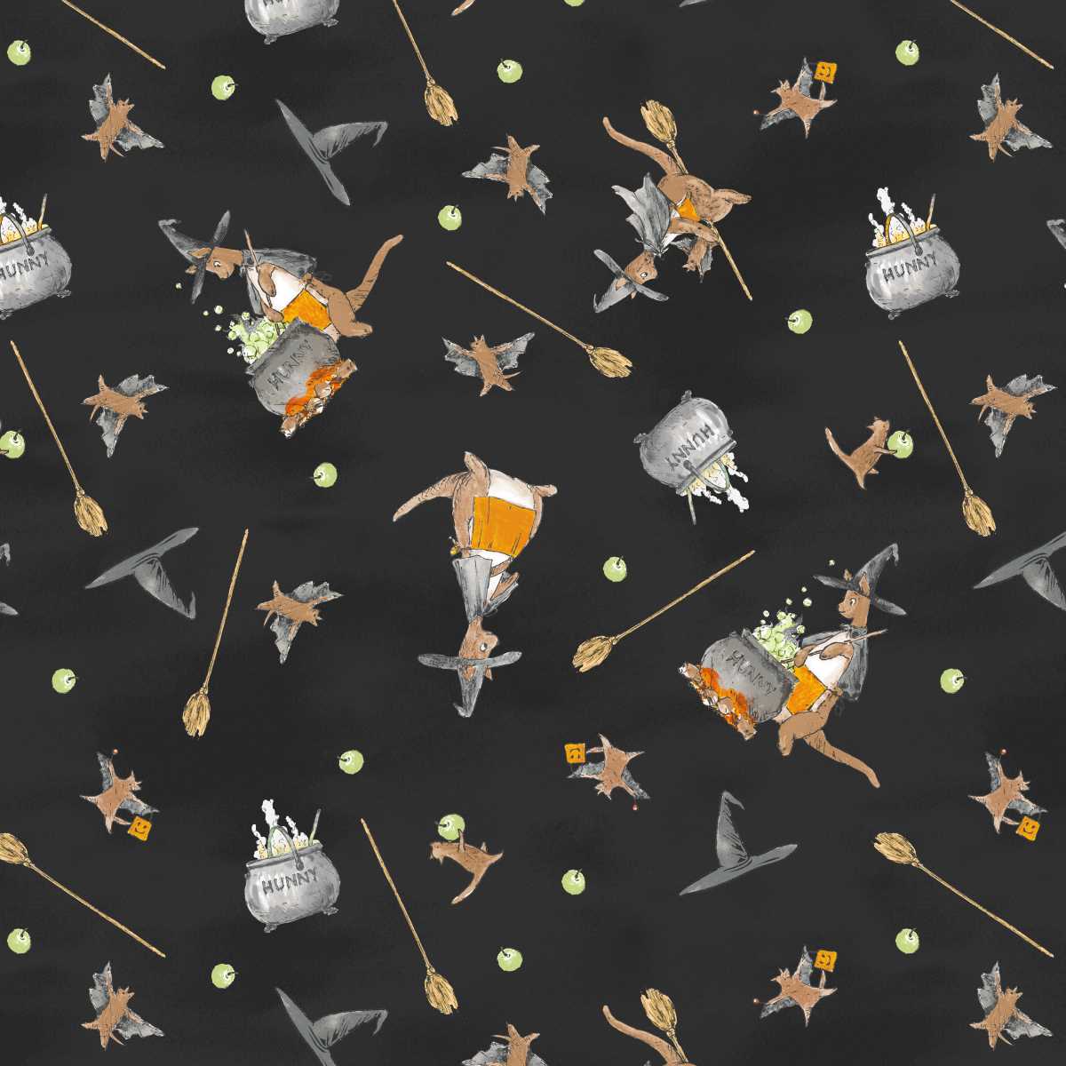 Fabric Studio E Black Witches Roos Haunted Acre Wood by the Quarter Yard 9137-99