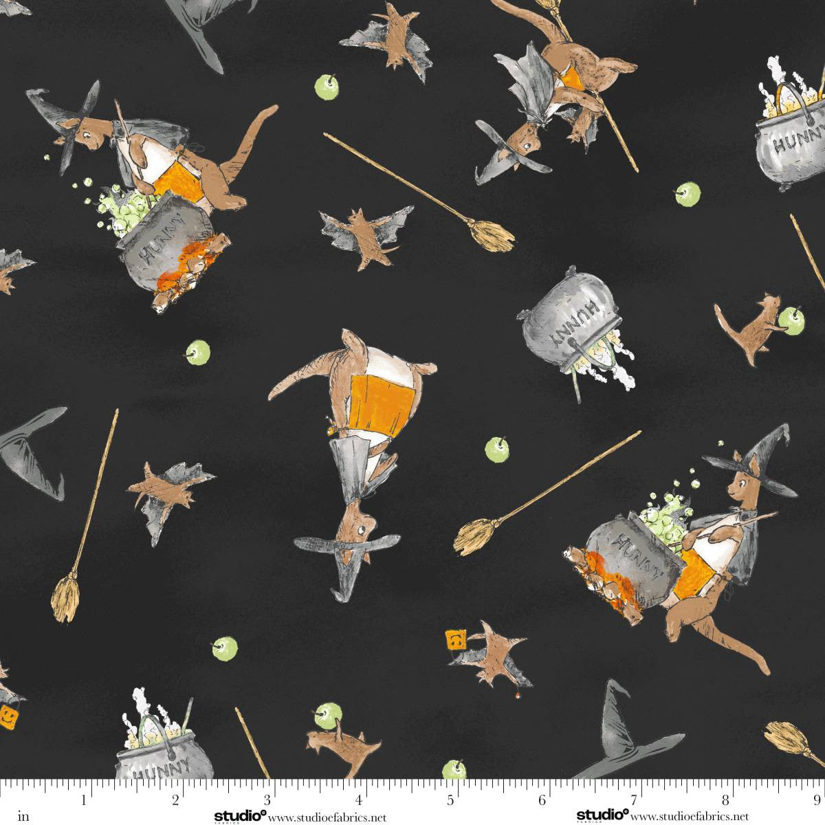 Fabric Studio E Black Witches Roos Haunted Acre Wood by the Quarter Yard 9137-99