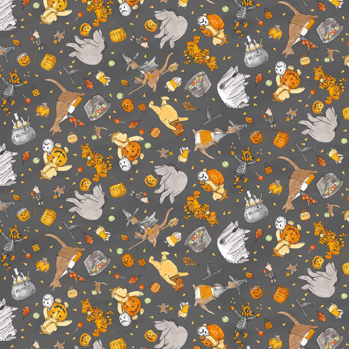Fabric Studio E Charcoal Costumed Crew Haunted Acre Wood by the Quarter Yard 9132-93