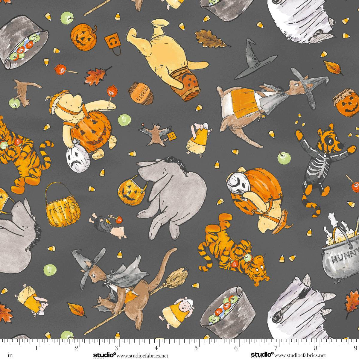 Fabric Studio E Charcoal Costumed Crew Haunted Acre Wood by the Quarter Yard 9132-93
