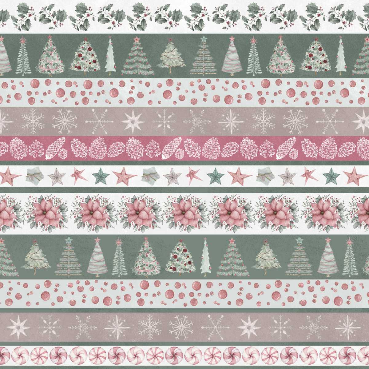 Collection of Christmas-themed border designs with trees, flowers, and snowflakes on a green background.