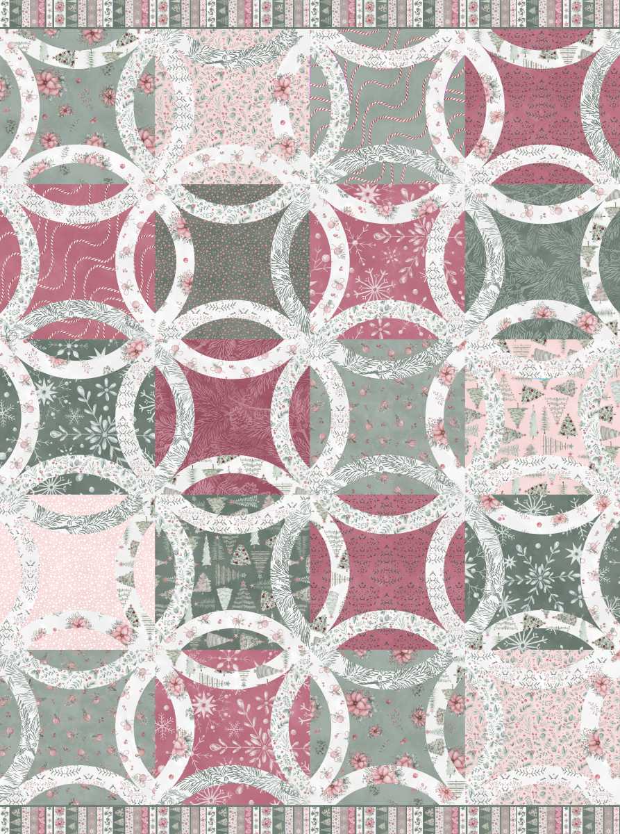 Patterned fabric with circular and square shapes in pink, gray, and white.