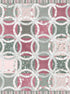 Patterned fabric with circular and square shapes in pink, gray, and white.