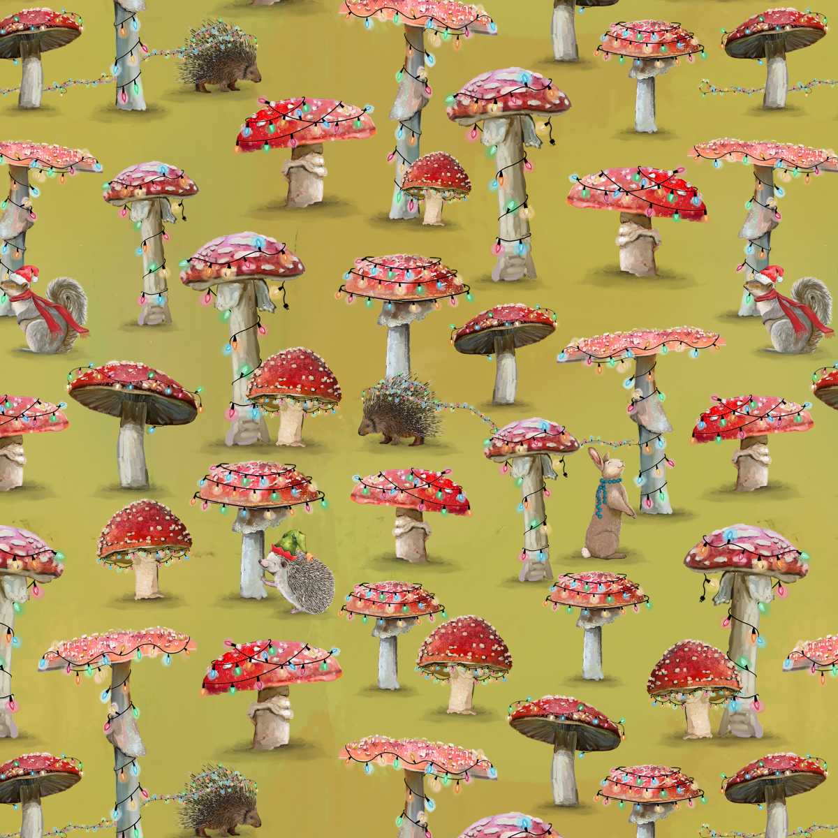 Pattern of colorful mushrooms and animals on a green background