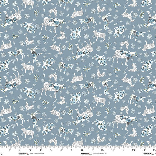 Fabric Studio E Denim Blue Floral Farmyard Farmhouse Fixer Upper by the Quarter Yard 8704-17