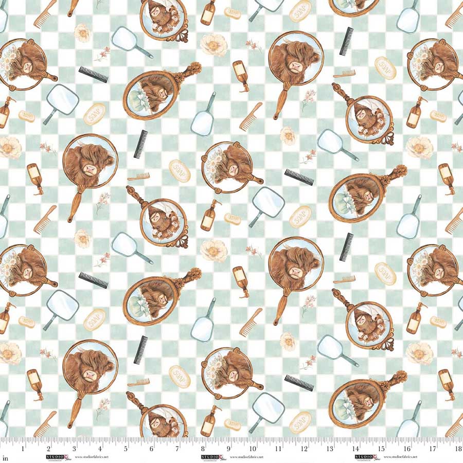 Fabric Studio E Ginger/Mint Mirrors Bathing Bonnies by the Quarter Yard 8848-36