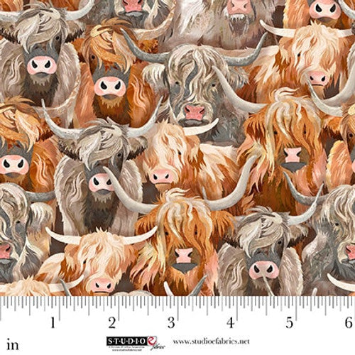 Fabric Studio E Gingerbread Cow Crowd Highlander by the Quarter Yard 8617-36