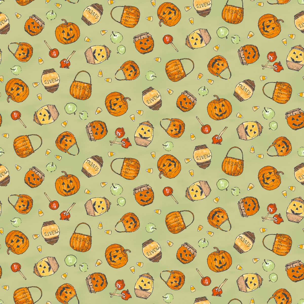 Fabric Studio E Green Pumpkins and Pots Haunted Acre Wood by the Quarter Yard 9136-66