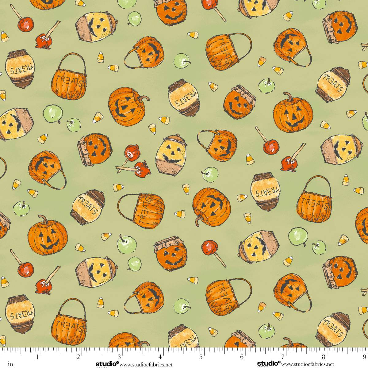 Fabric Studio E Green Pumpkins and Pots Haunted Acre Wood by the Quarter Yard 9136-66