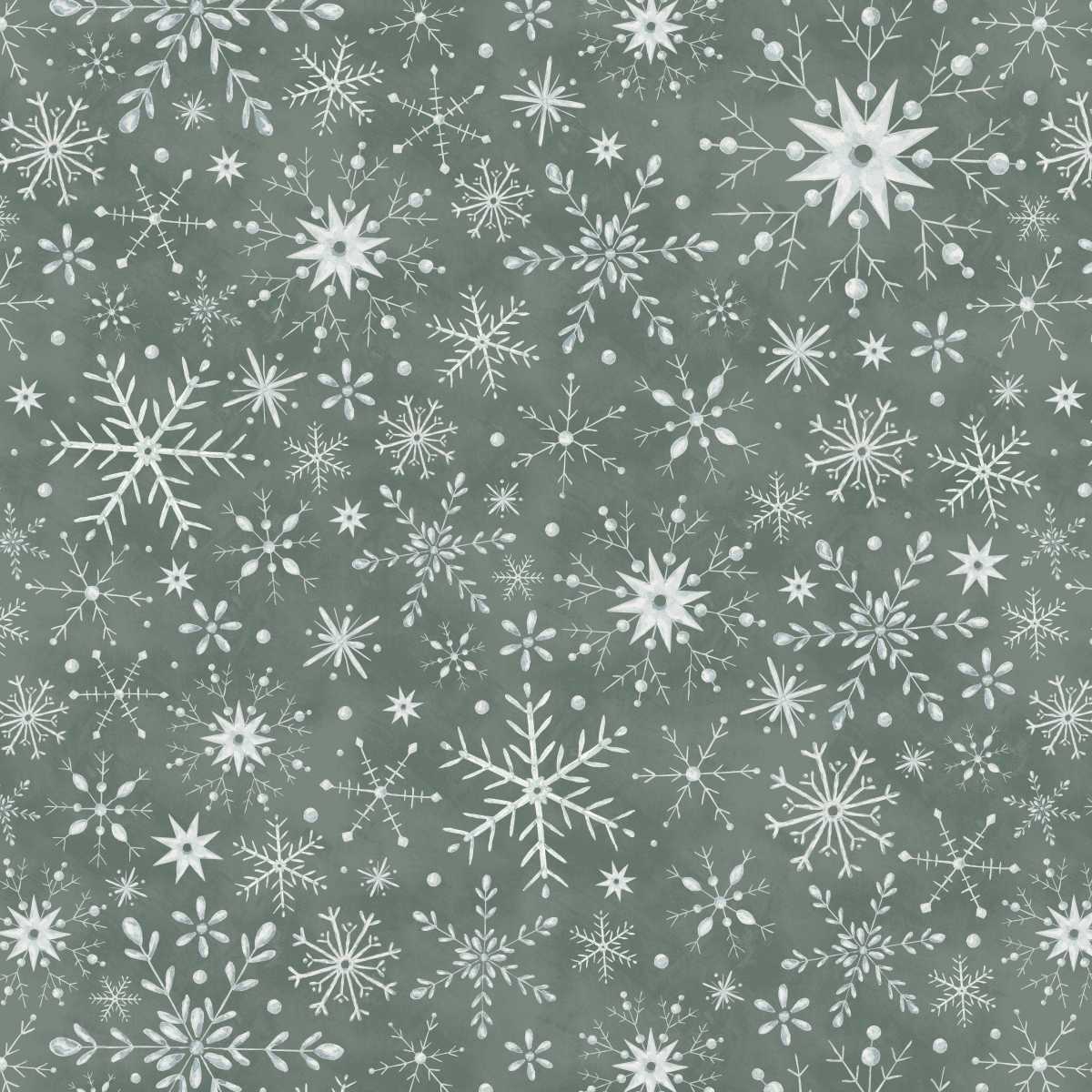 Pattern of white snowflakes on a green background